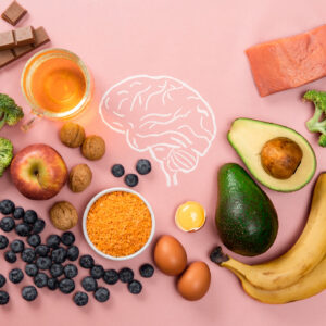 Best foods for brain and memory on pink background. Food for mind and charge of energy. Healthy lifestyle. Copy space. Top view